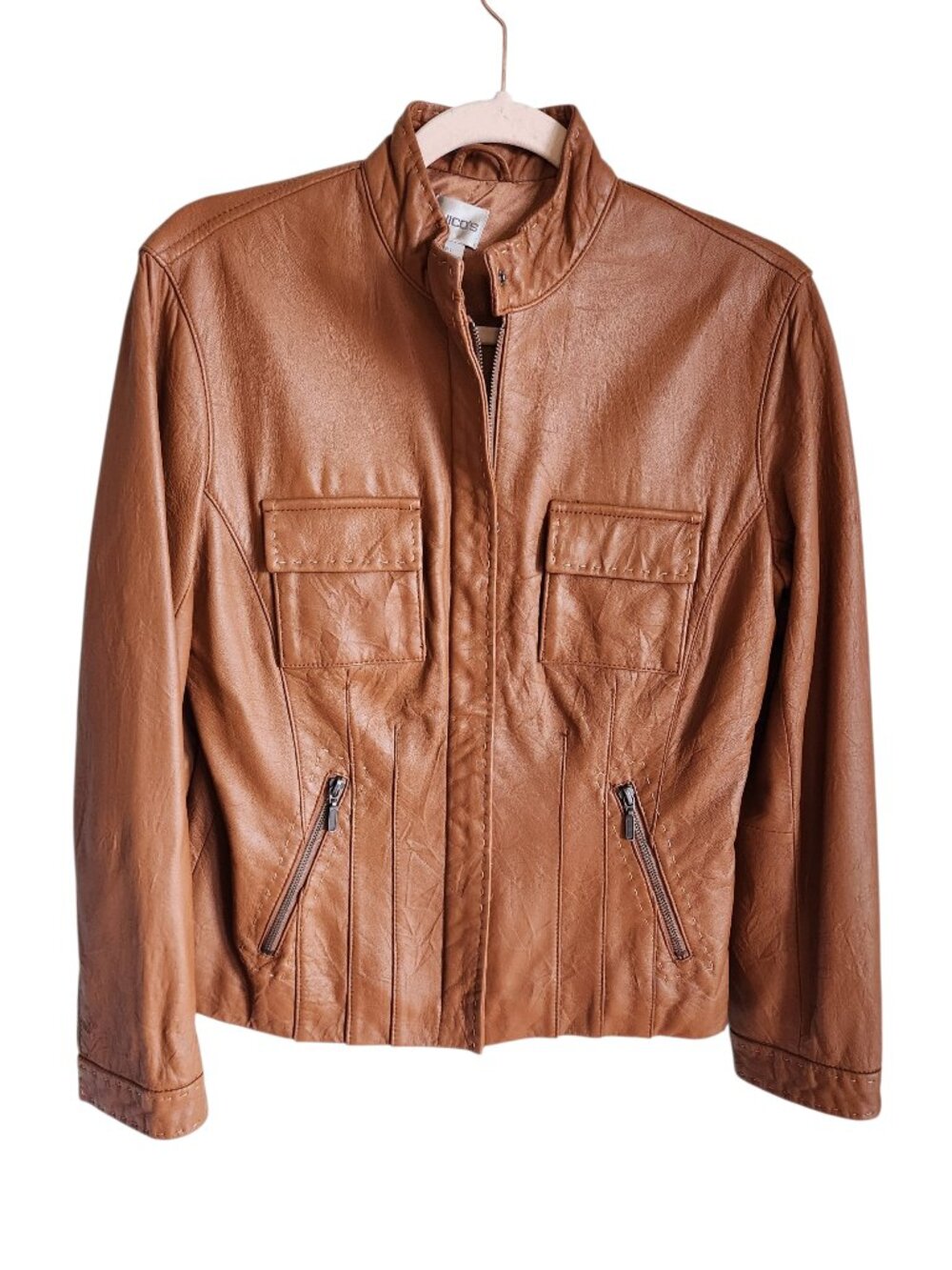 Chicos Vintage Leather Jacket Small Tan Womens Moto Pockets Chico's Caramel